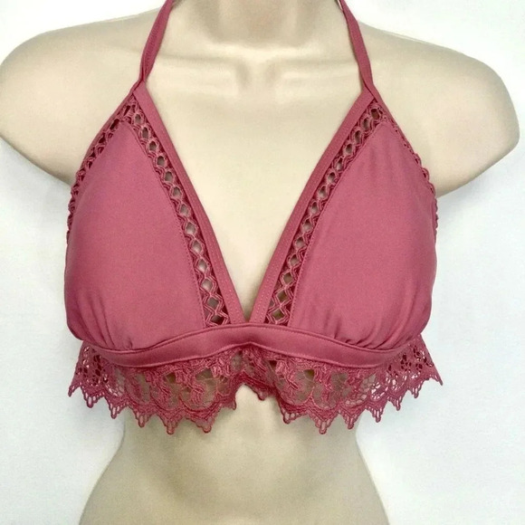 Womens Mauve Pink Halter Neck Lace Triangle Longline Bikini Swim Top Size Large - Picture 3 of 9